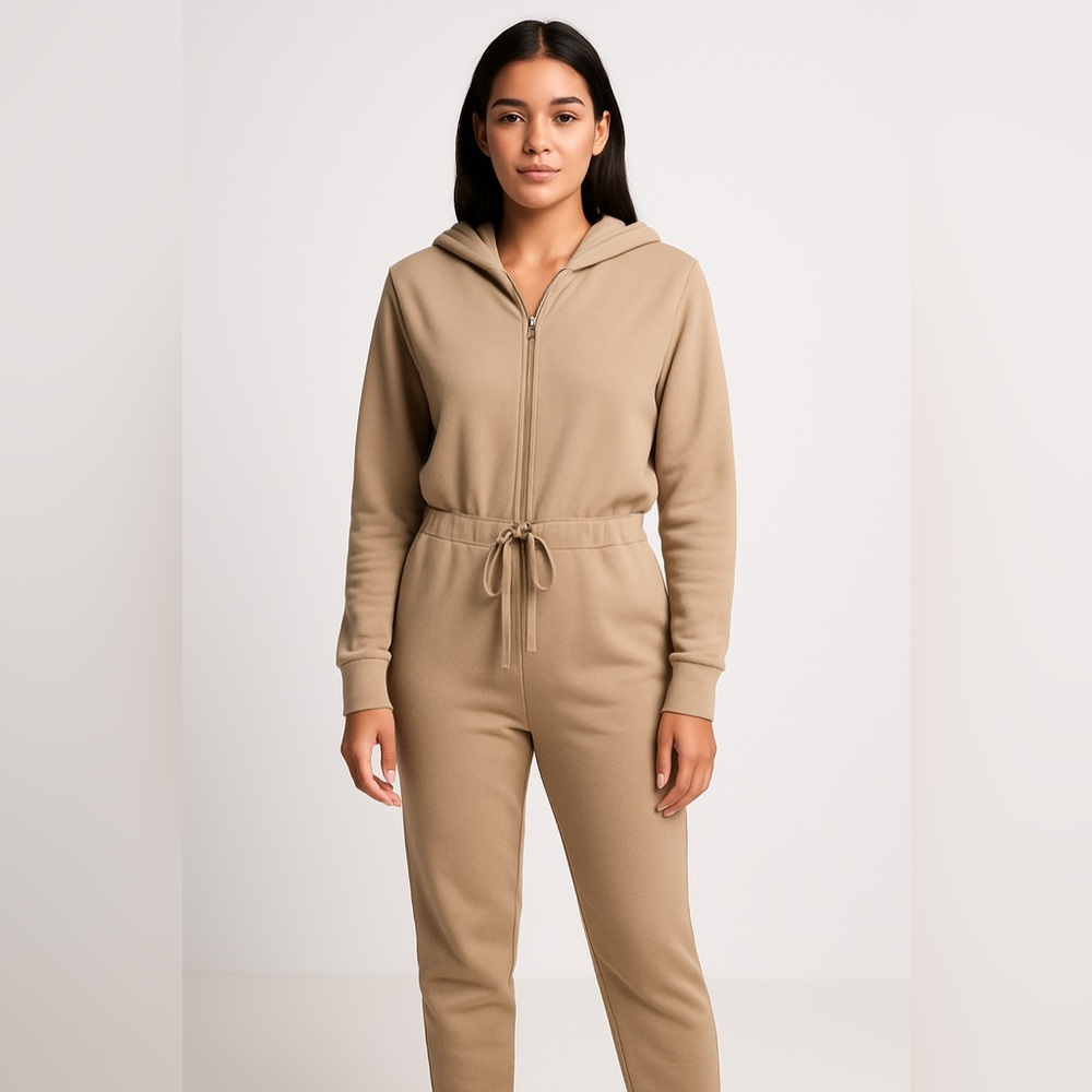 Forever 21 Tan Zip-Front Hooded Jumpsuit Cropped Utility Loungewear Size M